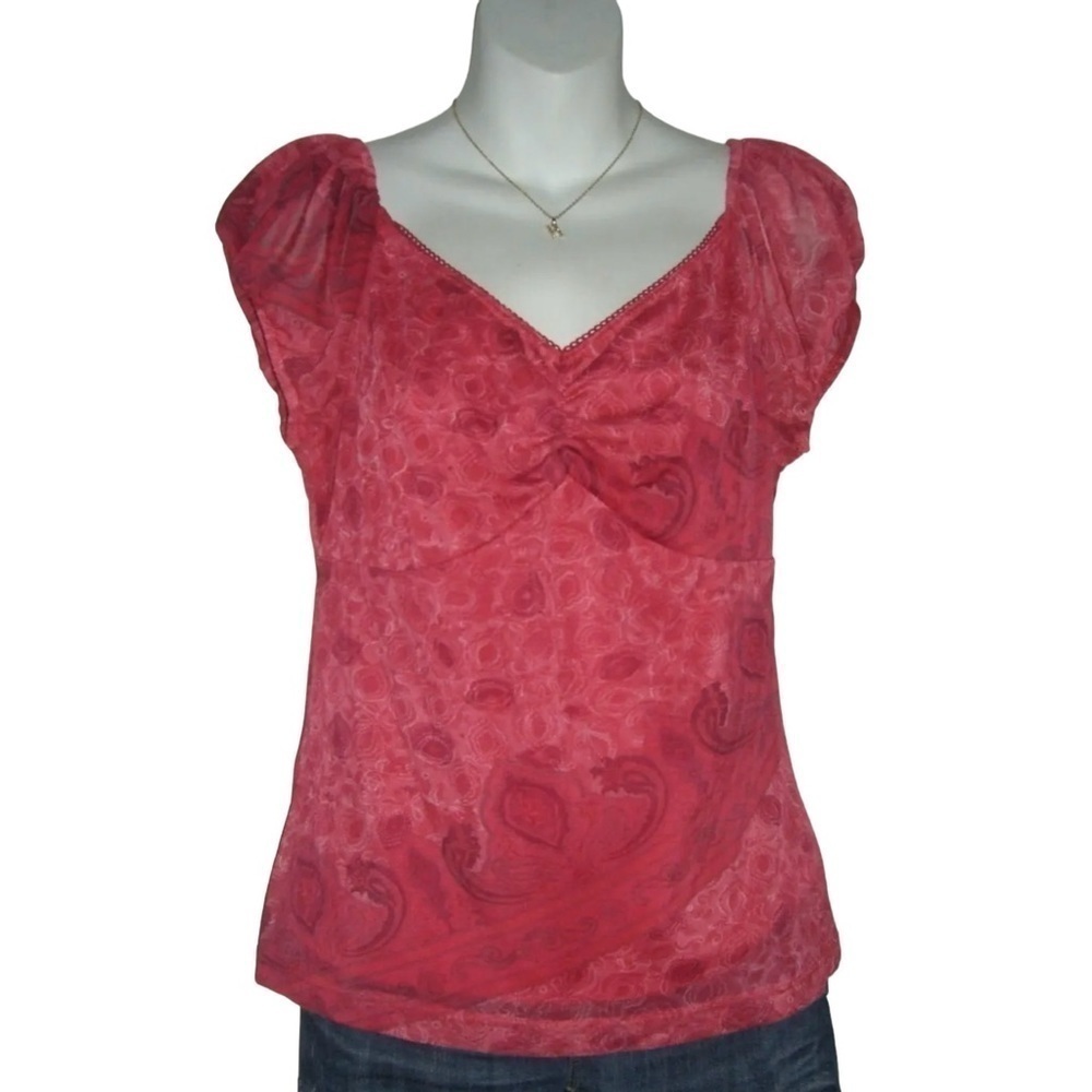 Vintage y2k Blouse 2000's 00's Red Paisley Boho Bohemian Scarf Print Top Shirt L